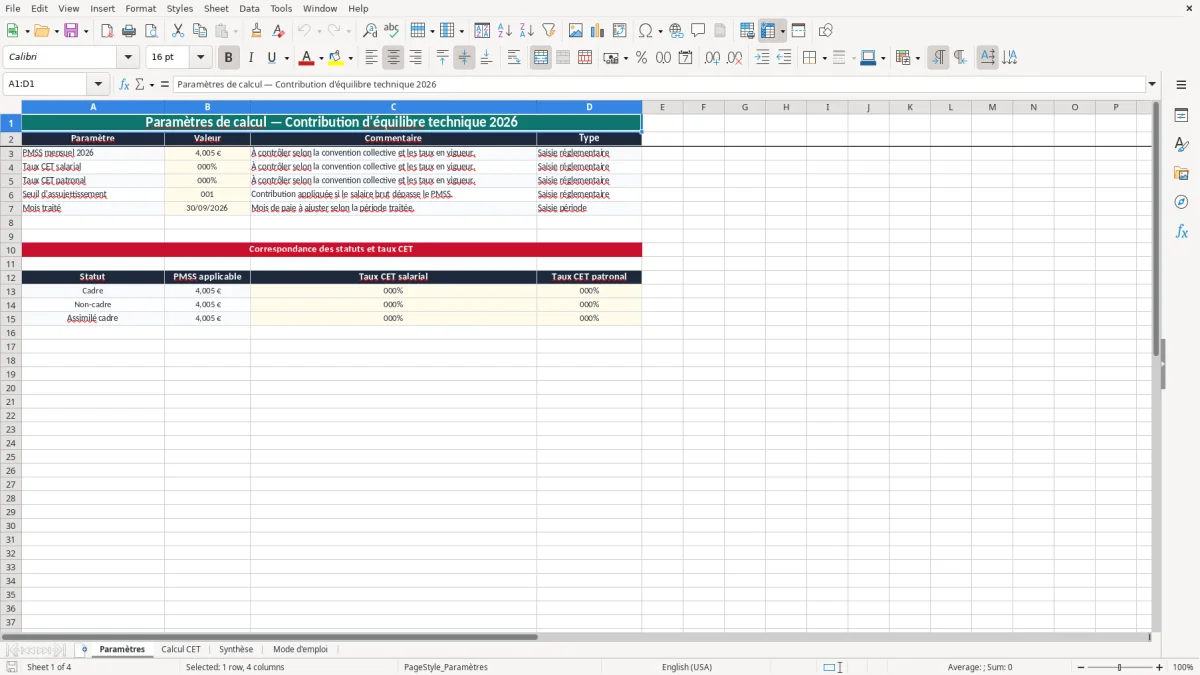 Capture 1 : onglet Paramètres - Modèle Excel calcul de la contribution d'équilibre technique excel