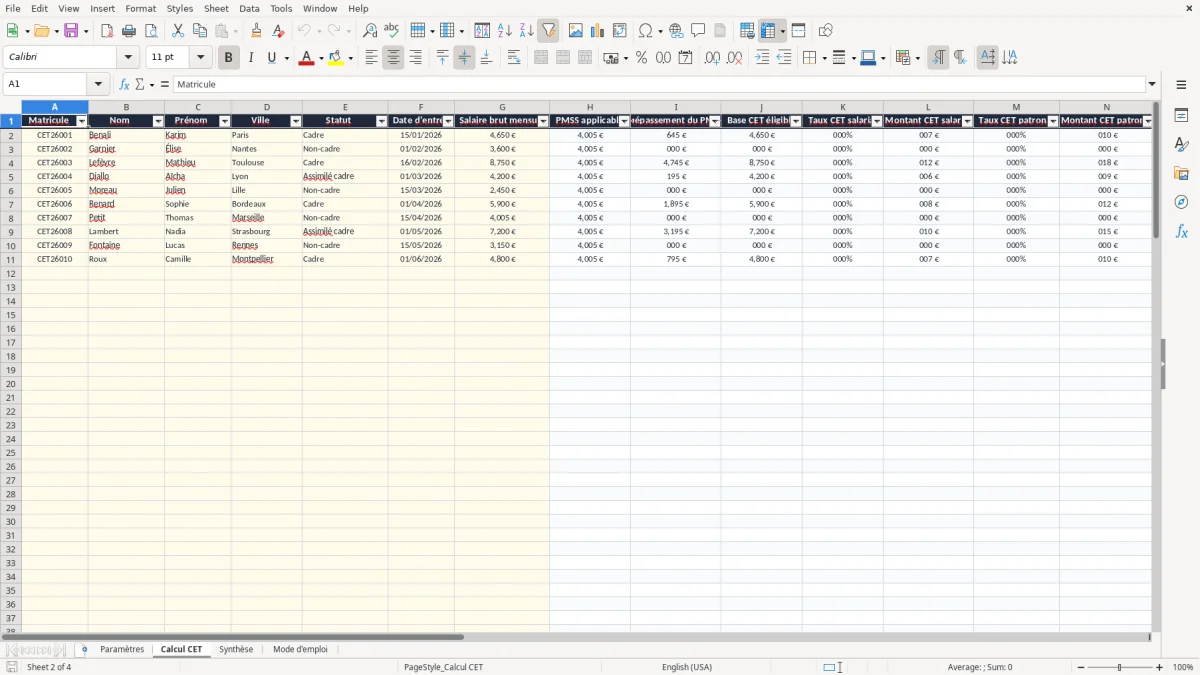 Capture 2 : onglet Calcul CET - Modèle Excel calcul de la contribution d'équilibre technique excel