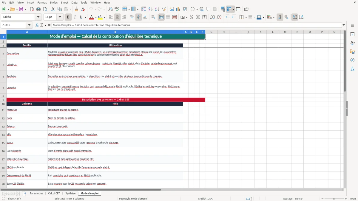 Capture 4 : onglet Mode d'emploi - Modèle Excel calcul de la contribution d'équilibre technique excel
