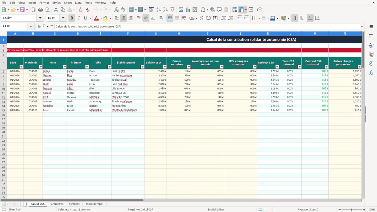 Capture 1 : onglet Calcul CSA - Modèle Excel calcul de la contribution solidarité autonomie excel