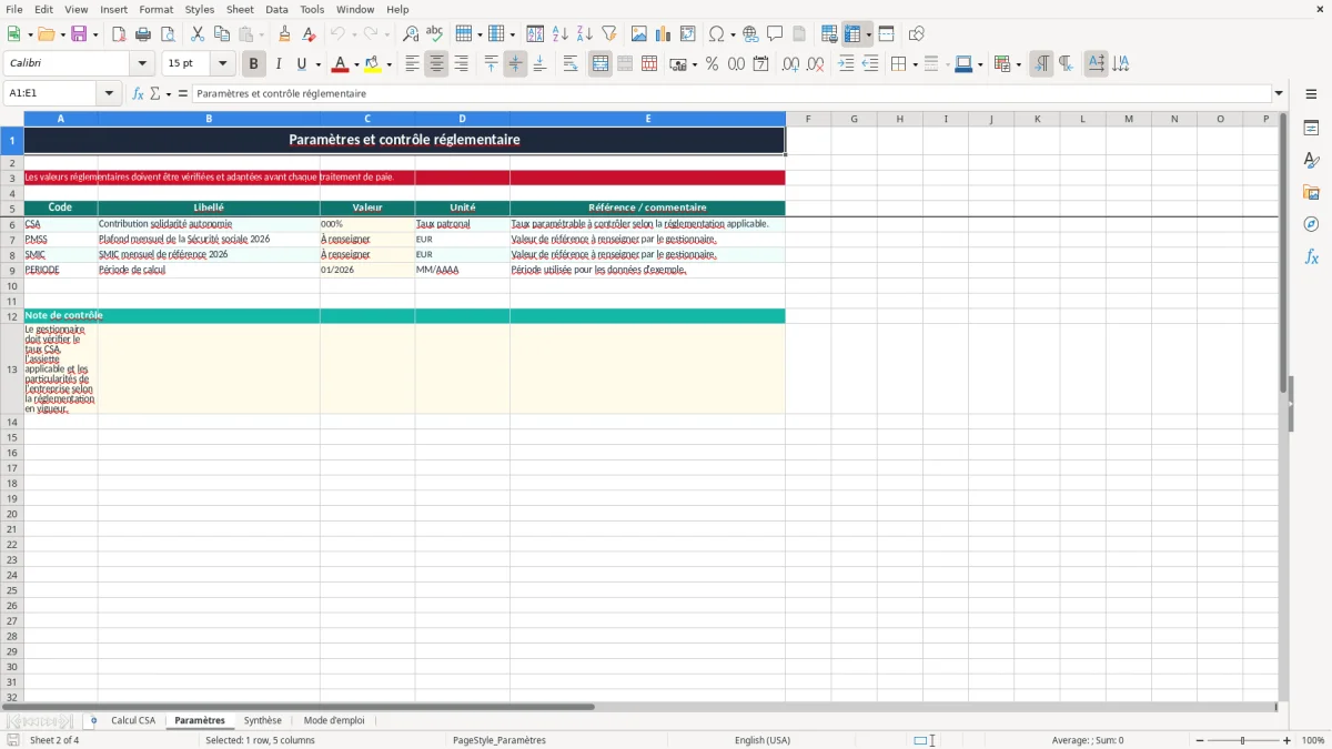 Capture 2 : onglet Paramètres - Modèle Excel calcul de la contribution solidarité autonomie excel