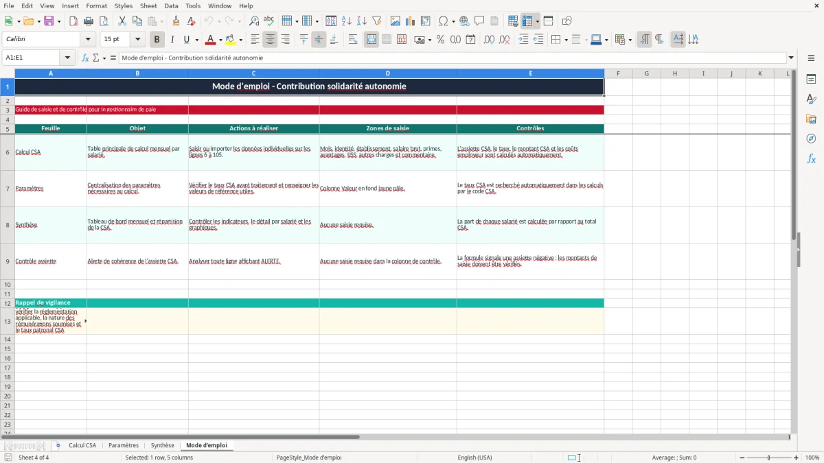 Capture 4 : onglet Mode d'emploi - Modèle Excel calcul de la contribution solidarité autonomie excel