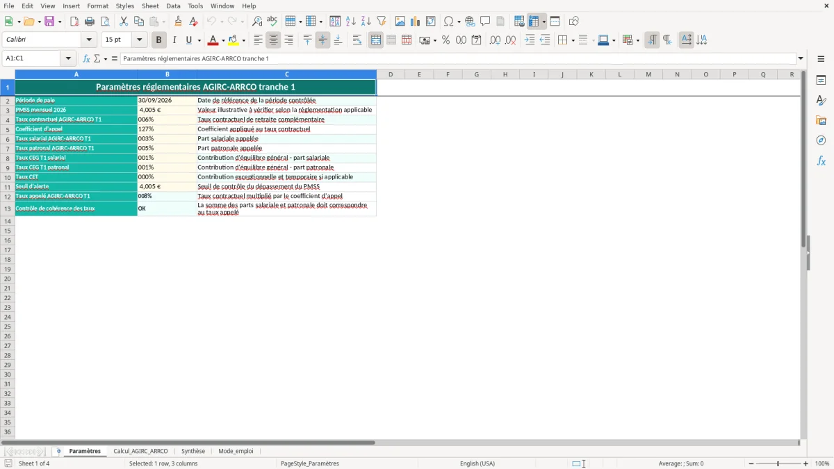 Capture 1 : onglet Paramètres - Modèle Excel calcul de la cotisation agirc-arrco tranche 1 excel