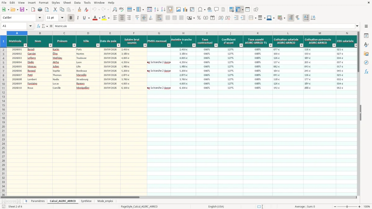 Capture 2 : onglet Calcul_AGIRC_ARRCO - Modèle Excel calcul de la cotisation agirc-arrco tranche 1 excel