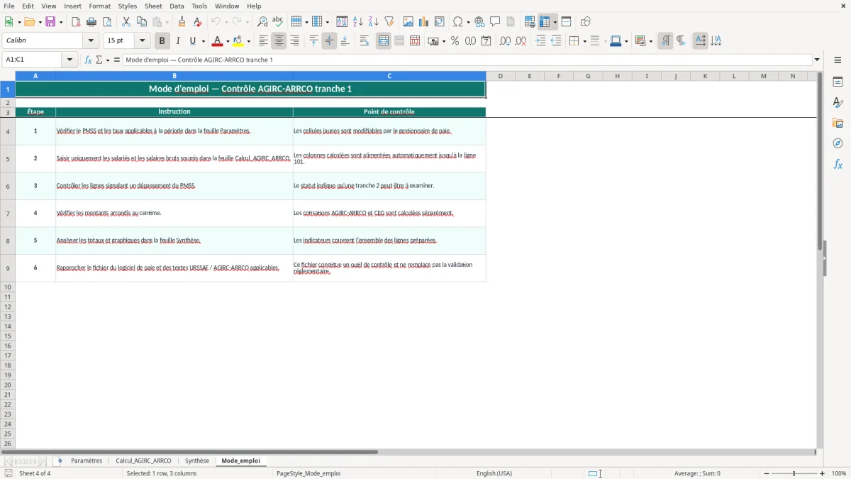 Capture 4 : onglet Mode_emploi - Modèle Excel calcul de la cotisation agirc-arrco tranche 1 excel