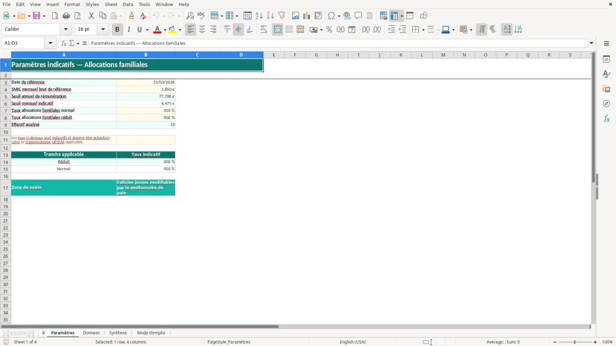Capture 1 : onglet Paramètres - Modèle Excel calcul de la cotisation allocations familiales excel
