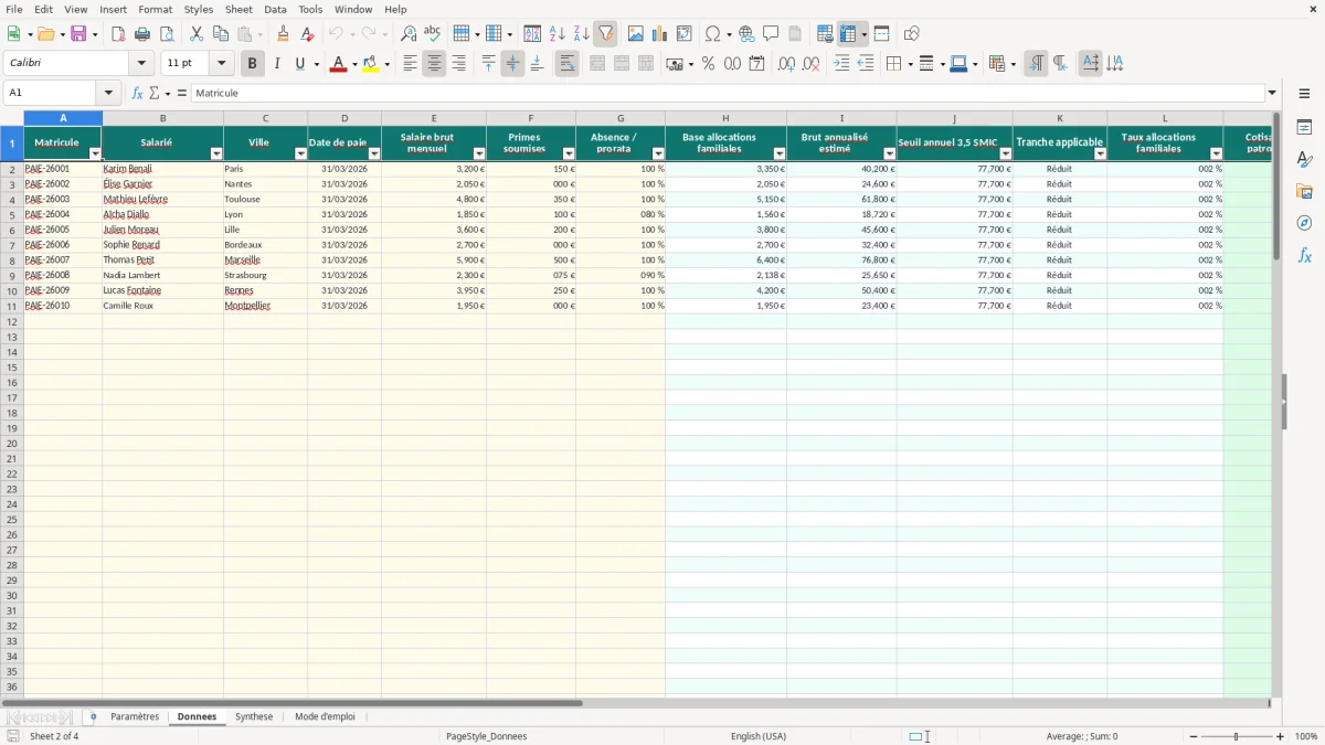Capture 2 : onglet Donnees - Modèle Excel calcul de la cotisation allocations familiales excel
