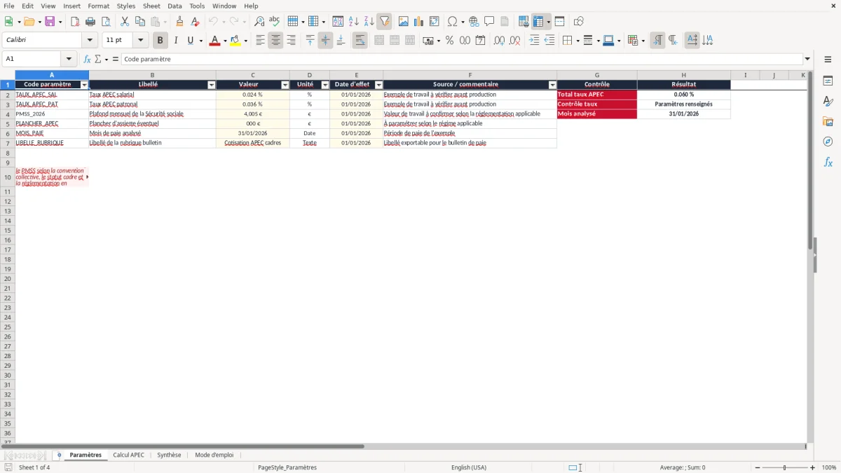 Capture 1 : onglet Paramètres - Modèle Excel calcul de la cotisation apec des cadres excel
