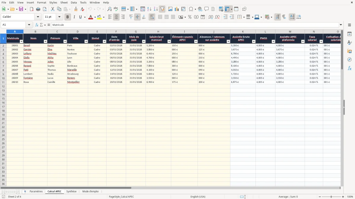 Capture 2 : onglet Calcul APEC - Modèle Excel calcul de la cotisation apec des cadres excel