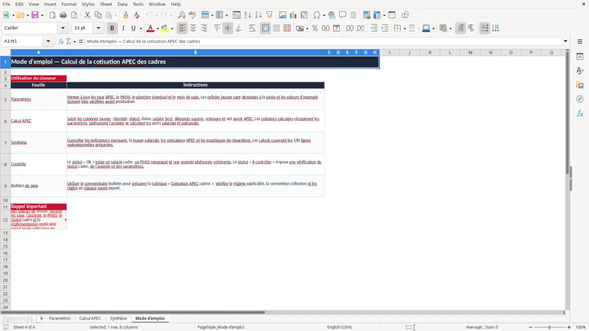 Capture 4 : onglet Mode d'emploi - Modèle Excel calcul de la cotisation apec des cadres excel