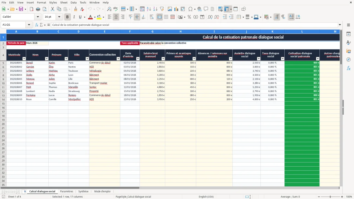 Capture 1 : onglet Calcul dialogue social - Modèle Excel calcul de la cotisation dialogue social excel
