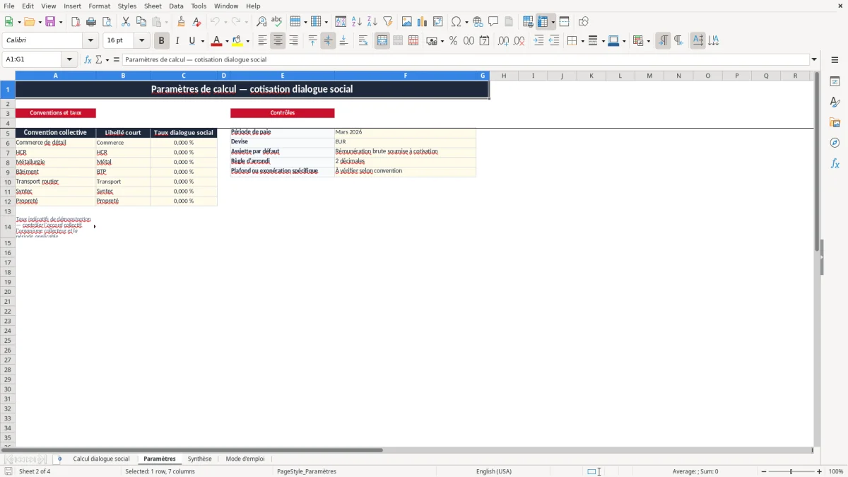 Capture 2 : onglet Paramètres - Modèle Excel calcul de la cotisation dialogue social excel