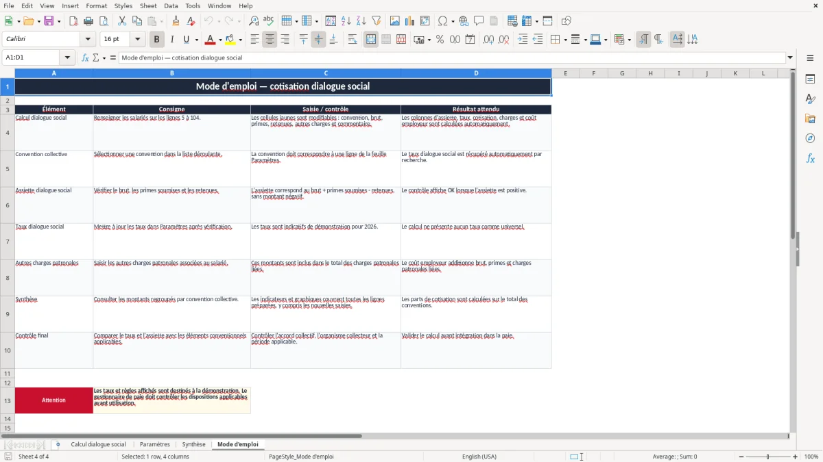 Capture 4 : onglet Mode d'emploi - Modèle Excel calcul de la cotisation dialogue social excel