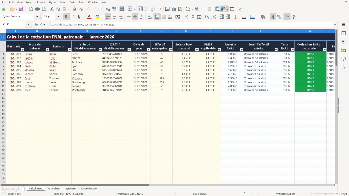Capture 1 : onglet Calcul FNAL - Modèle Excel calcul de la cotisation fnal excel