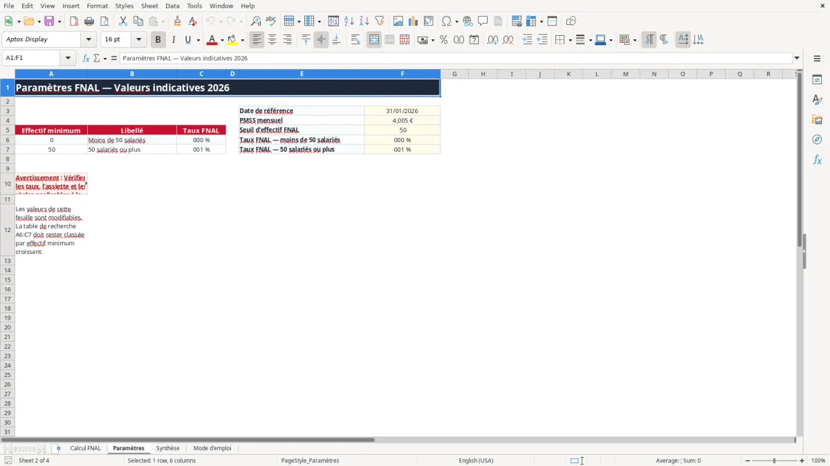 Capture 2 : onglet Paramètres - Modèle Excel calcul de la cotisation fnal excel