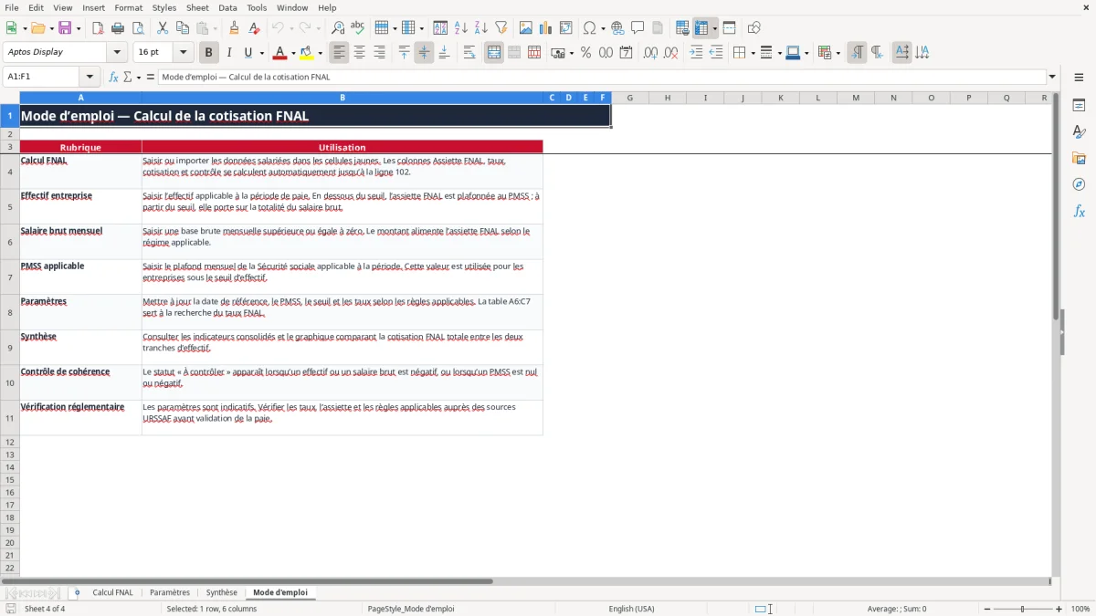 Capture 4 : onglet Mode d'emploi - Modèle Excel calcul de la cotisation fnal excel