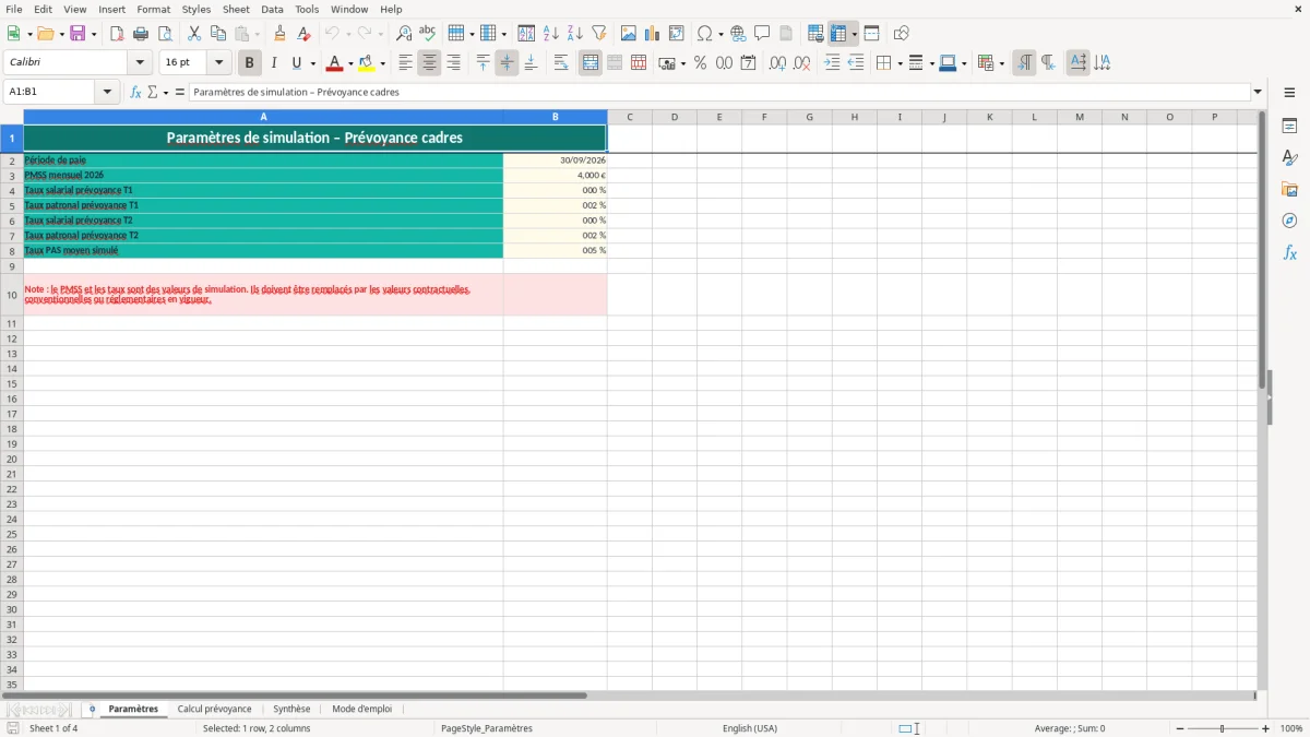 Capture 1 : onglet Paramètres - Modèle Excel calcul de la cotisation prévoyance des cadres excel