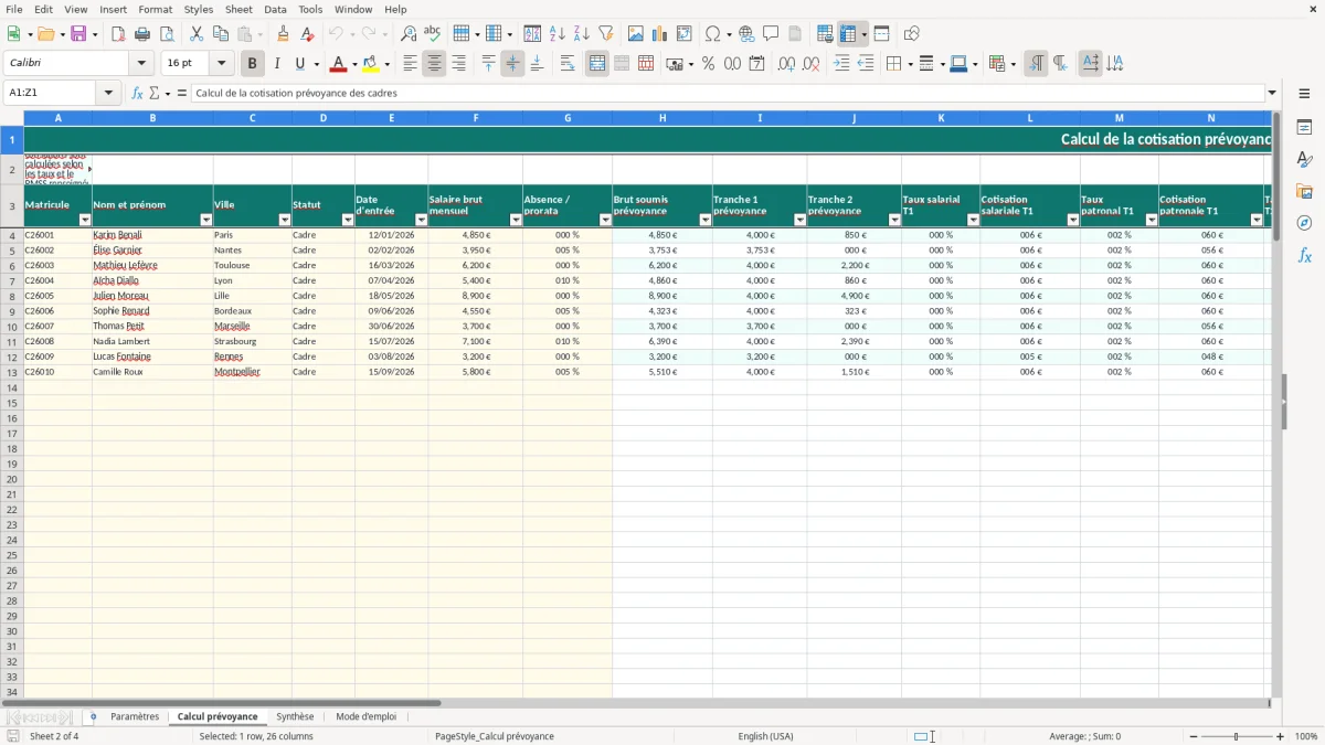 Capture 2 : onglet Calcul prévoyance - Modèle Excel calcul de la cotisation prévoyance des cadres excel