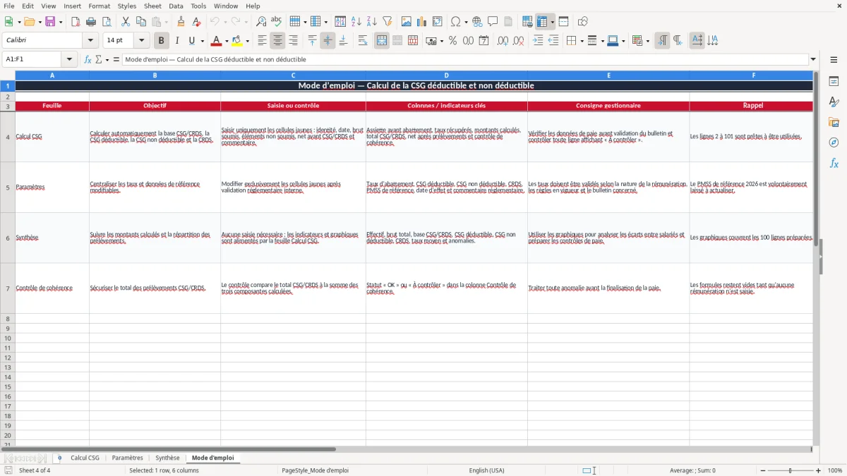 Capture 2 : onglet Paramètres - Modèle Excel calcul de la csg déductible et non déductible excel