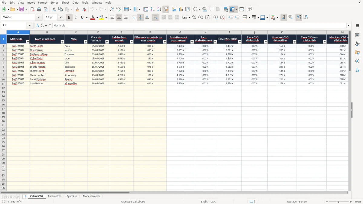 Capture 3 : onglet Synthèse - Modèle Excel calcul de la csg déductible et non déductible excel