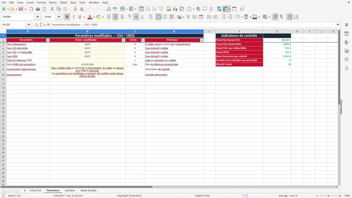 Capture 4 : onglet Mode d'emploi - Modèle Excel calcul de la csg déductible et non déductible excel