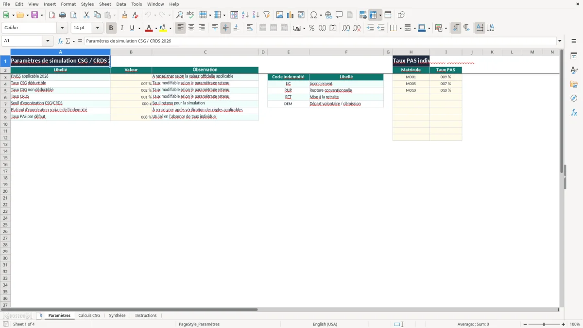 Capture 1 : onglet Paramètres - Modèle Excel calcul de la csg sur les indemnités de rupture excel