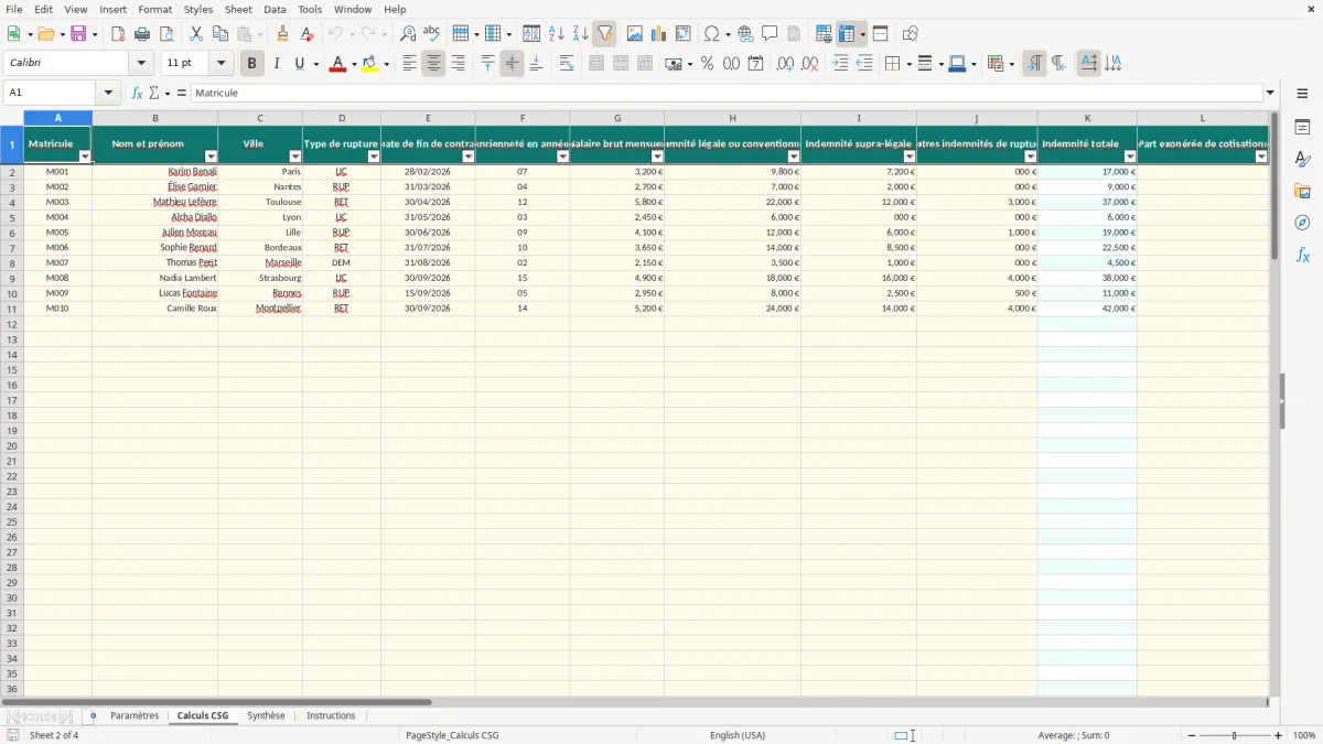 Capture 2 : onglet Calculs CSG - Modèle Excel calcul de la csg sur les indemnités de rupture excel