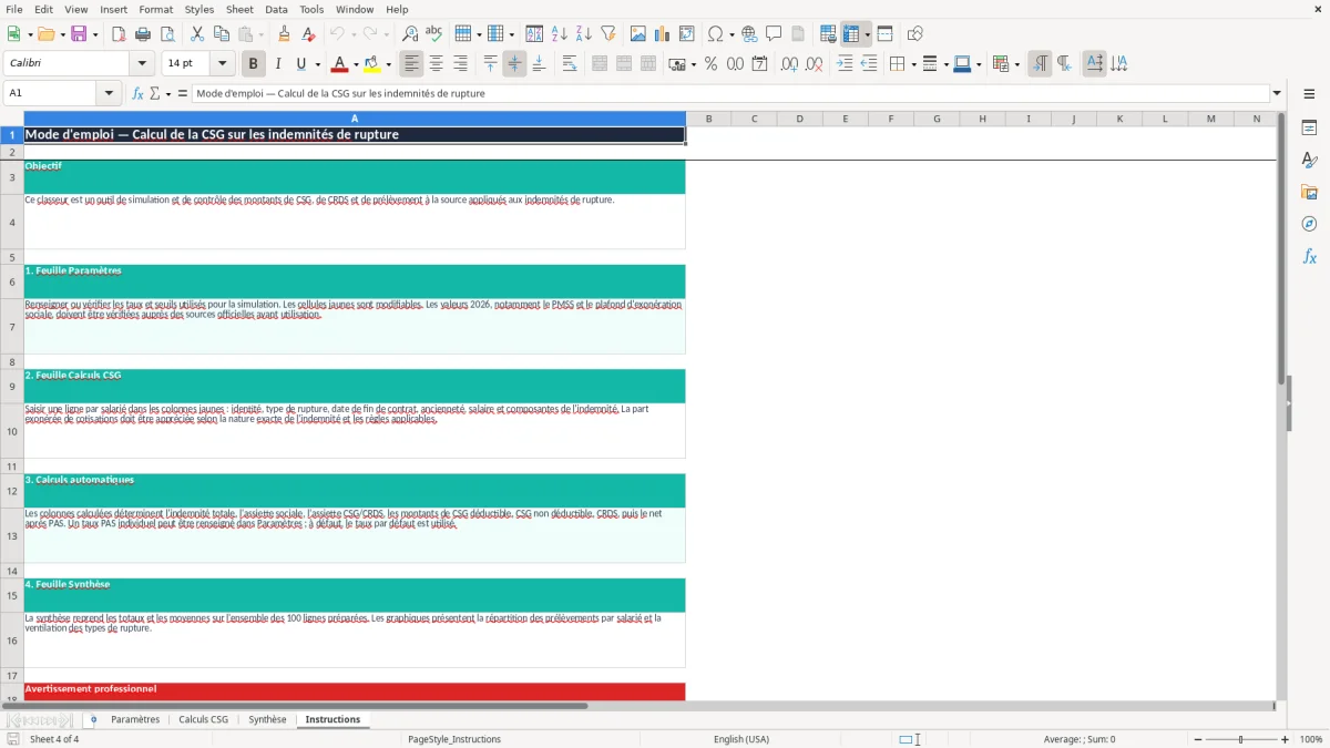 Capture 4 : onglet Instructions - Modèle Excel calcul de la csg sur les indemnités de rupture excel
