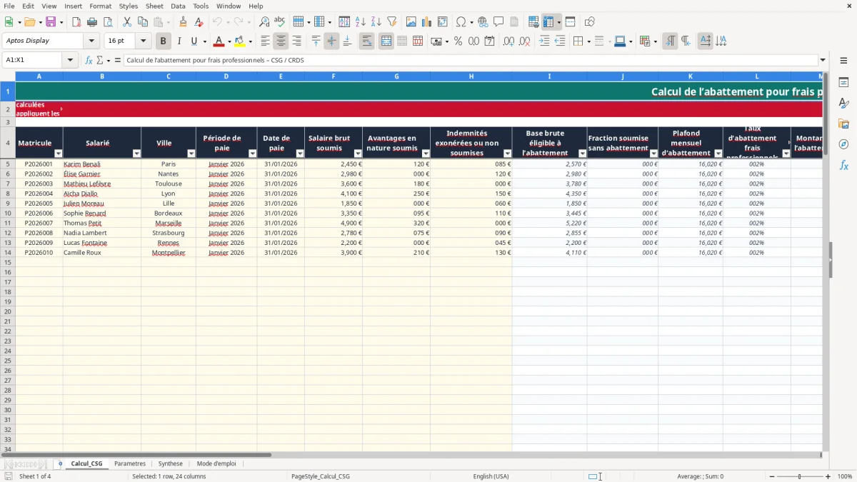 Capture 1 : onglet Calcul_CSG - Modèle Excel calcul de l'abattement pour frais professionnels csg excel