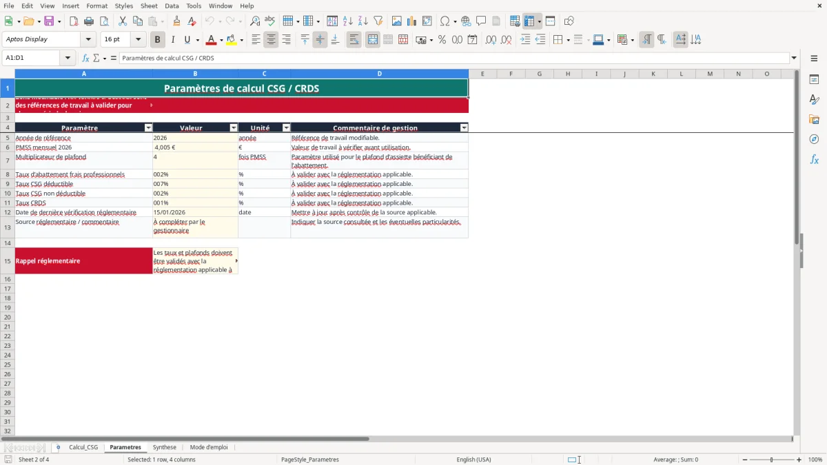Capture 2 : onglet Parametres - Modèle Excel calcul de l'abattement pour frais professionnels csg excel