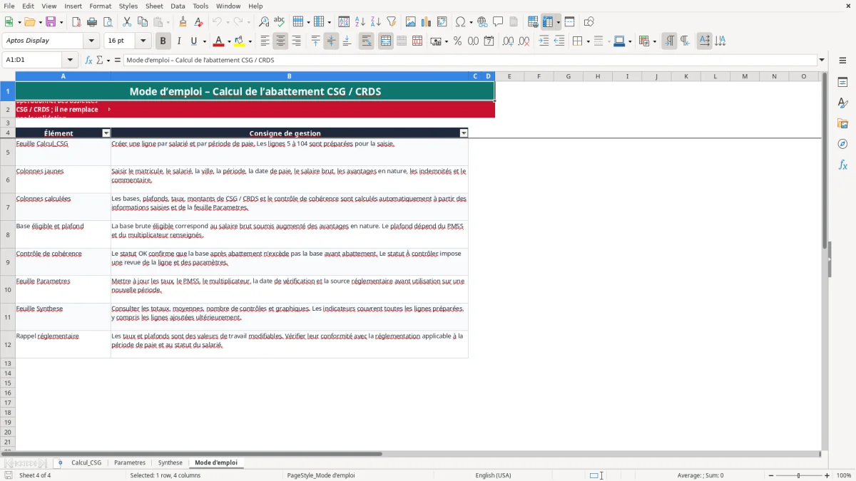 Capture 4 : onglet Mode d'emploi - Modèle Excel calcul de l'abattement pour frais professionnels csg excel