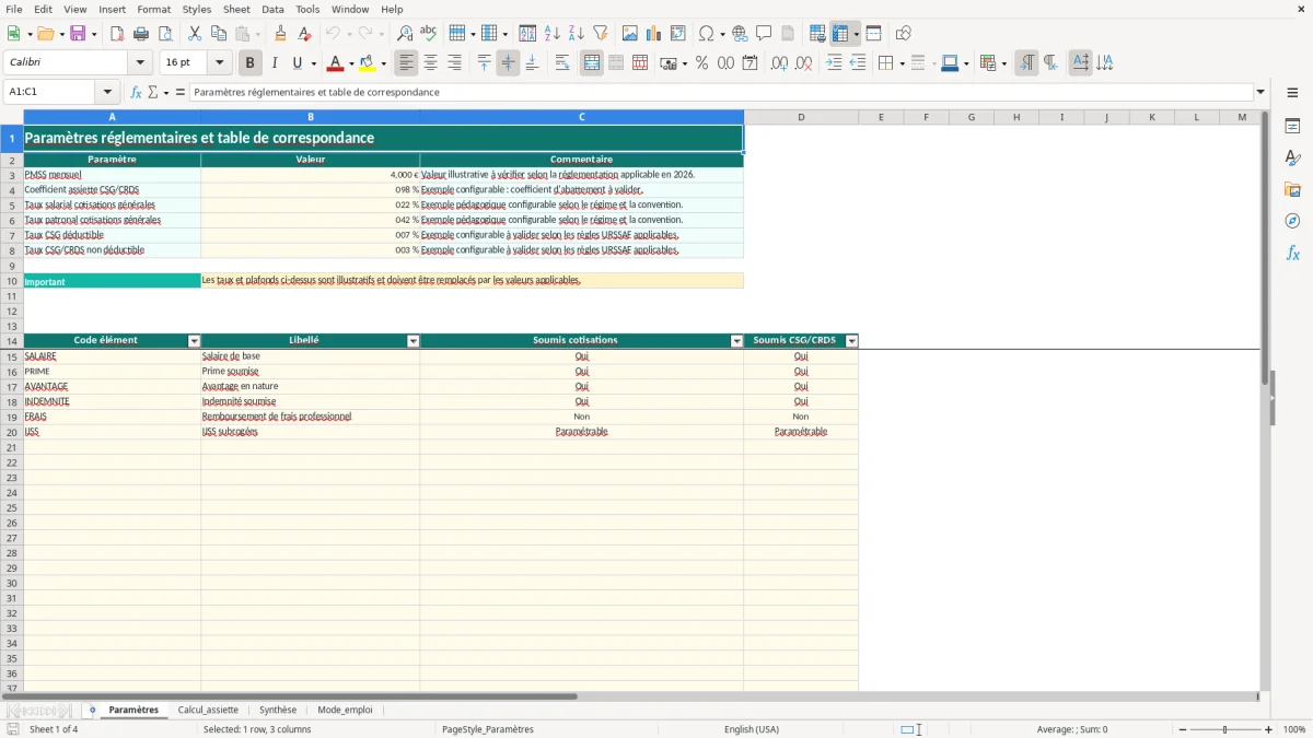Capture 1 : onglet Paramètres - Modèle Excel calcul de l'assiette des cotisations sociales excel