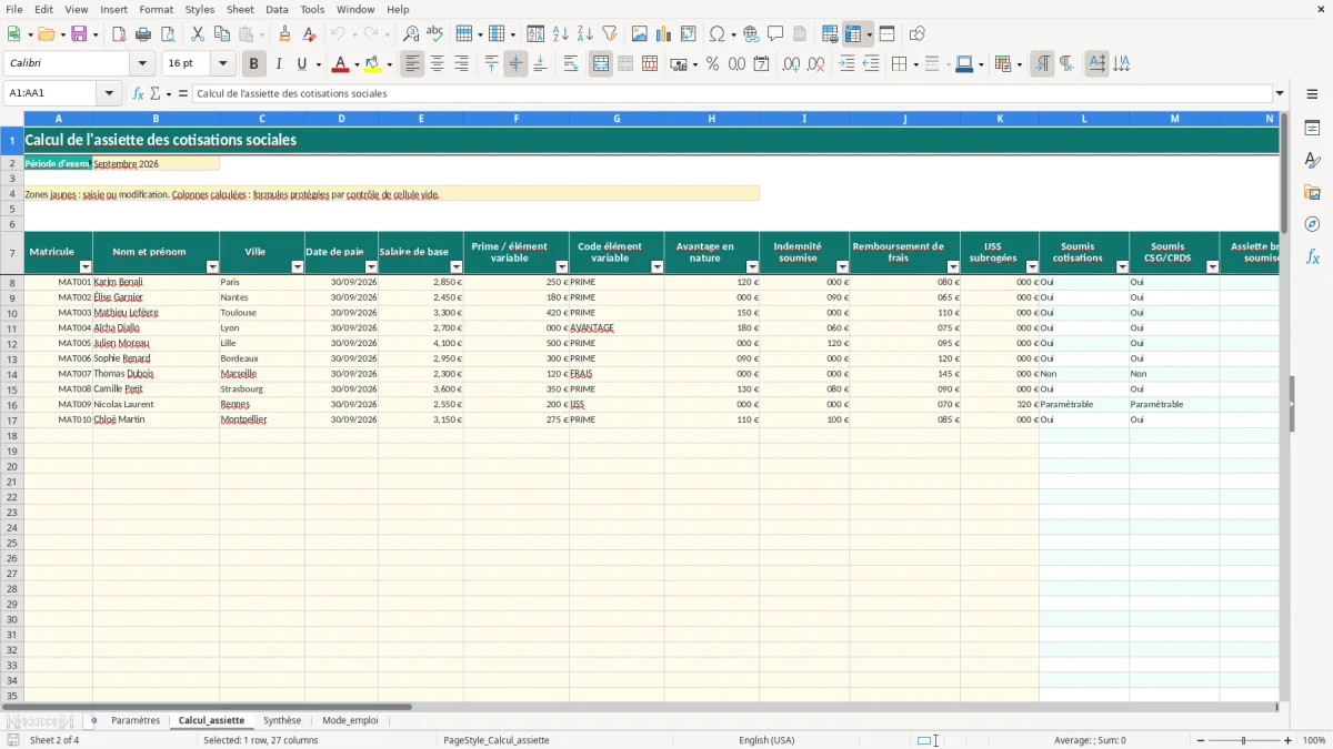 Capture 2 : onglet Calcul_assiette - Modèle Excel calcul de l'assiette des cotisations sociales excel