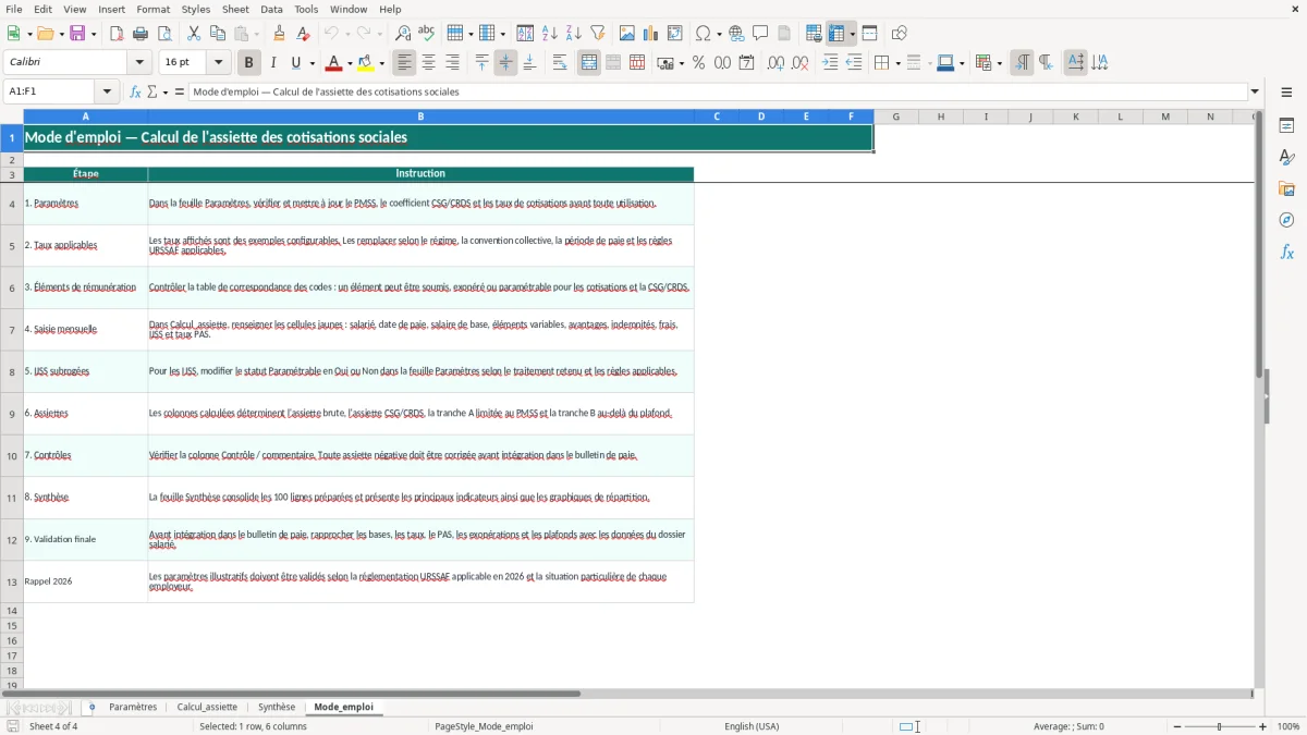 Capture 4 : onglet Mode_emploi - Modèle Excel calcul de l'assiette des cotisations sociales excel