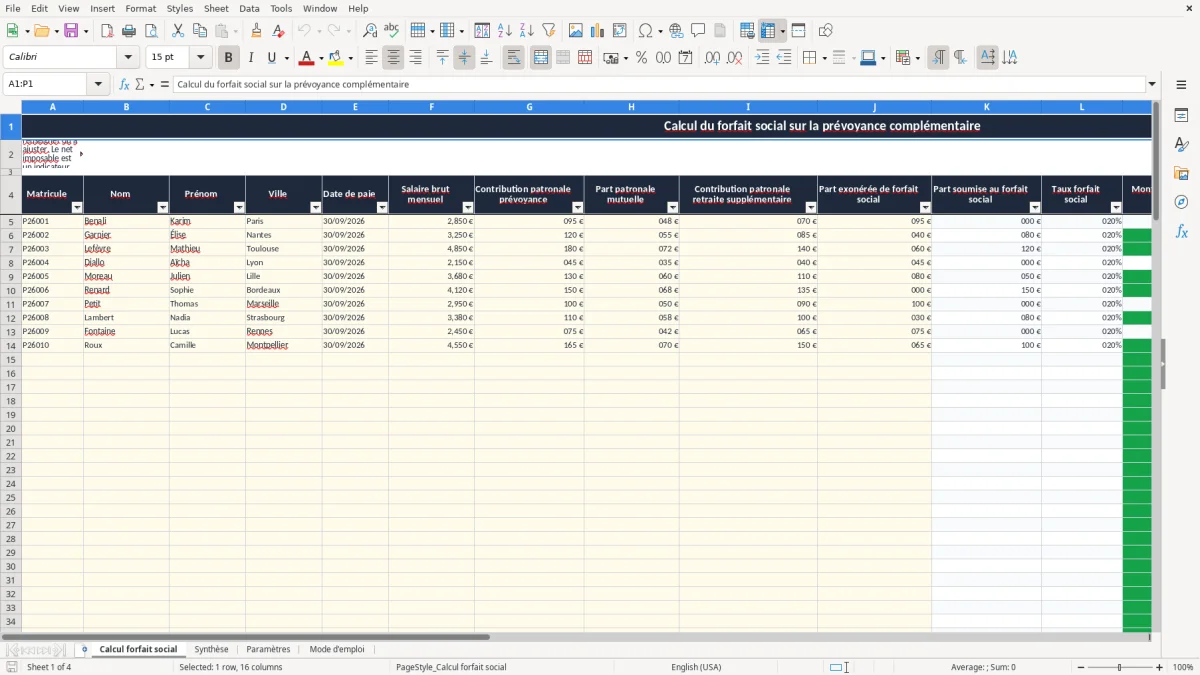 Capture 1 : onglet Calcul forfait social - Modèle Excel calcul du forfait social sur la prévoyance excel