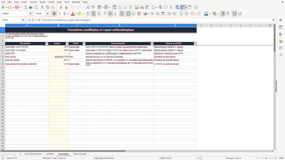 Capture 3 : onglet Paramètres - Modèle Excel calcul du forfait social sur la prévoyance excel