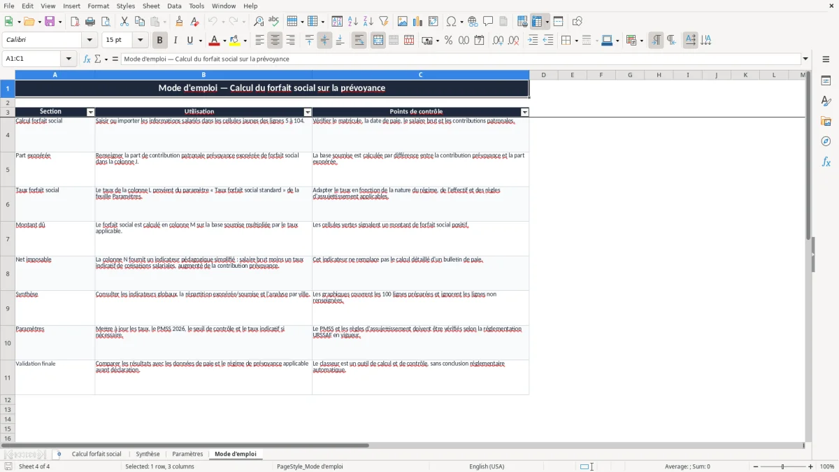 Capture 4 : onglet Mode d'emploi - Modèle Excel calcul du forfait social sur la prévoyance excel