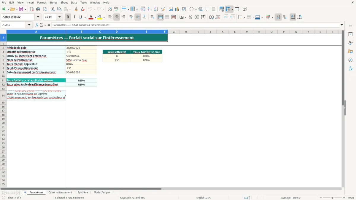 Capture 1 : onglet Paramètres - Modèle Excel calcul du forfait social sur l'intéressement excel