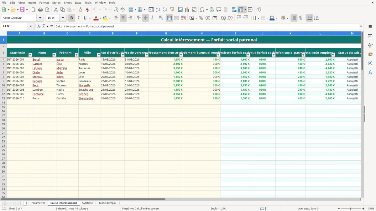 Capture 2 : onglet Calcul intéressement - Modèle Excel calcul du forfait social sur l'intéressement excel