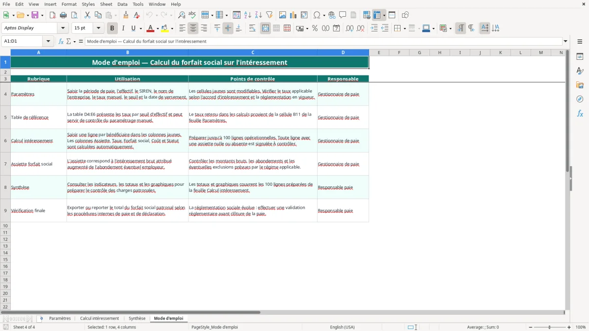 Capture 4 : onglet Mode d'emploi - Modèle Excel calcul du forfait social sur l'intéressement excel