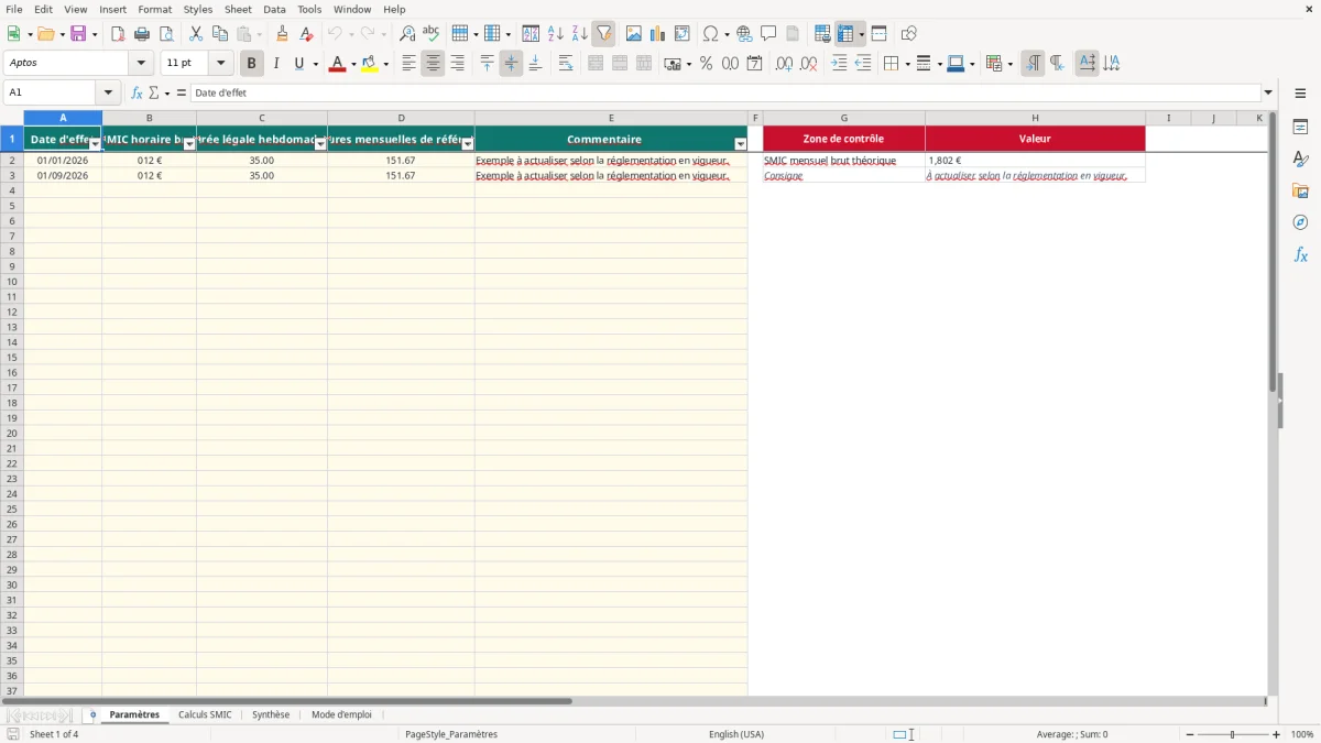 Capture 1 : onglet Paramètres - Modèle Excel calcul du smic horaire et mensuel excel
