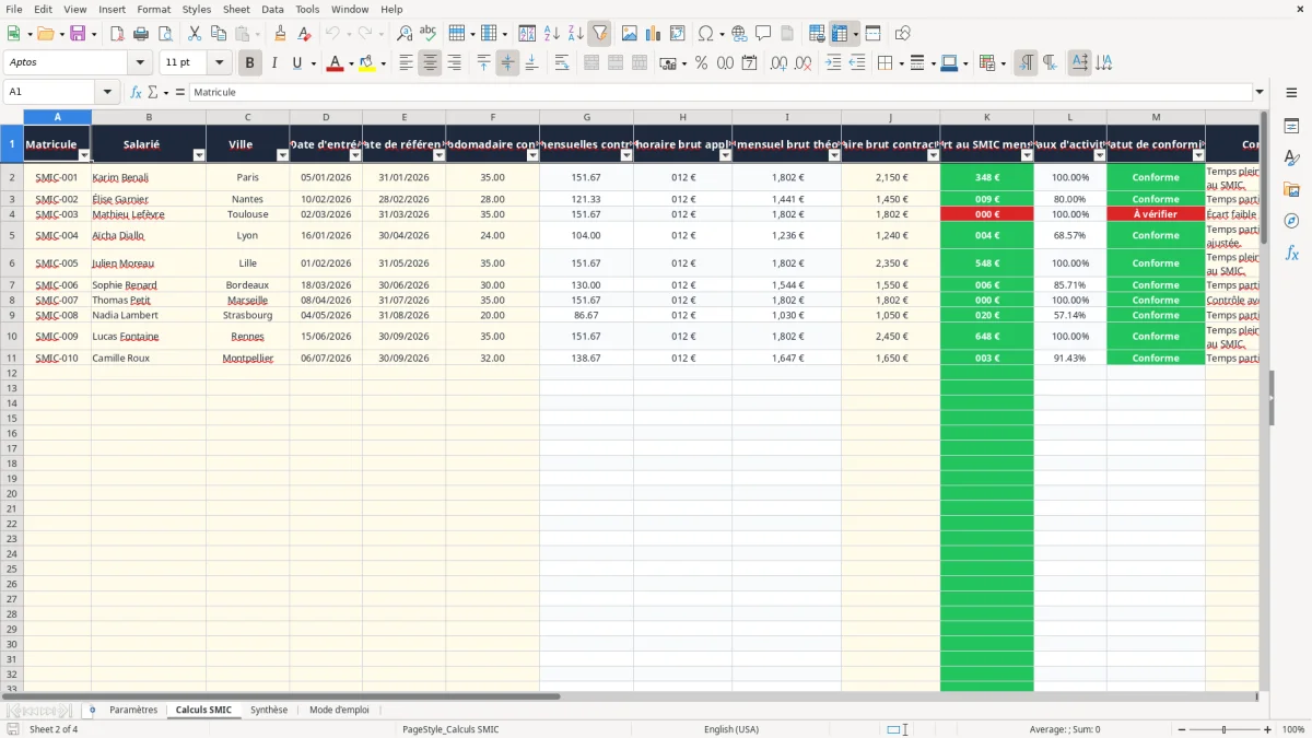 Capture 2 : onglet Calculs SMIC - Modèle Excel calcul du smic horaire et mensuel excel