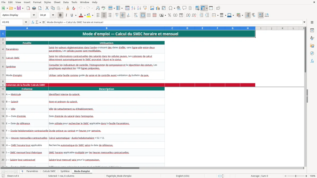 Capture 4 : onglet Mode d'emploi - Modèle Excel calcul du smic horaire et mensuel excel